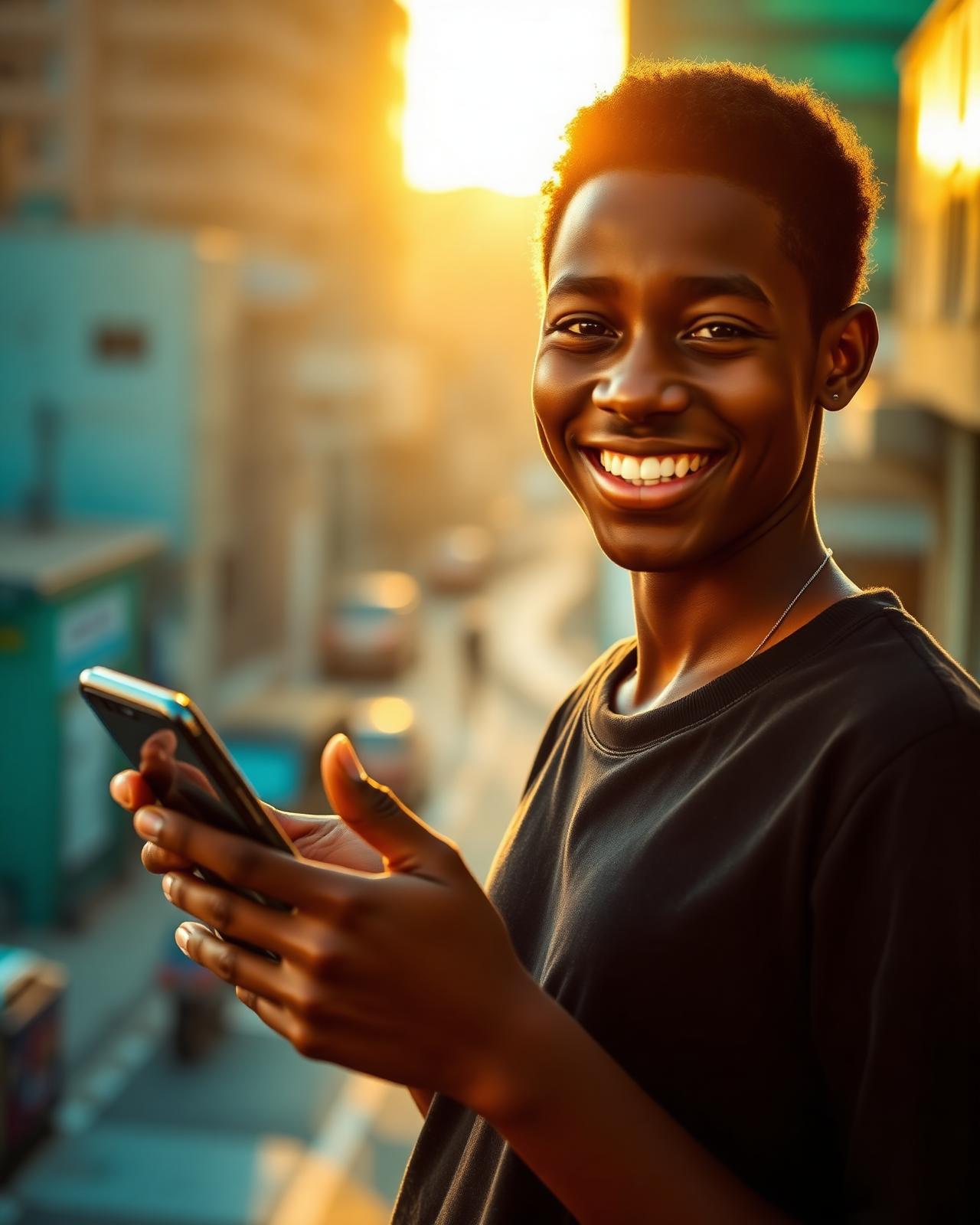 Young hustler smiling with their phone