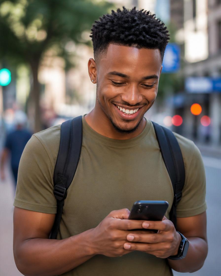 Young hustler smiling with their phone